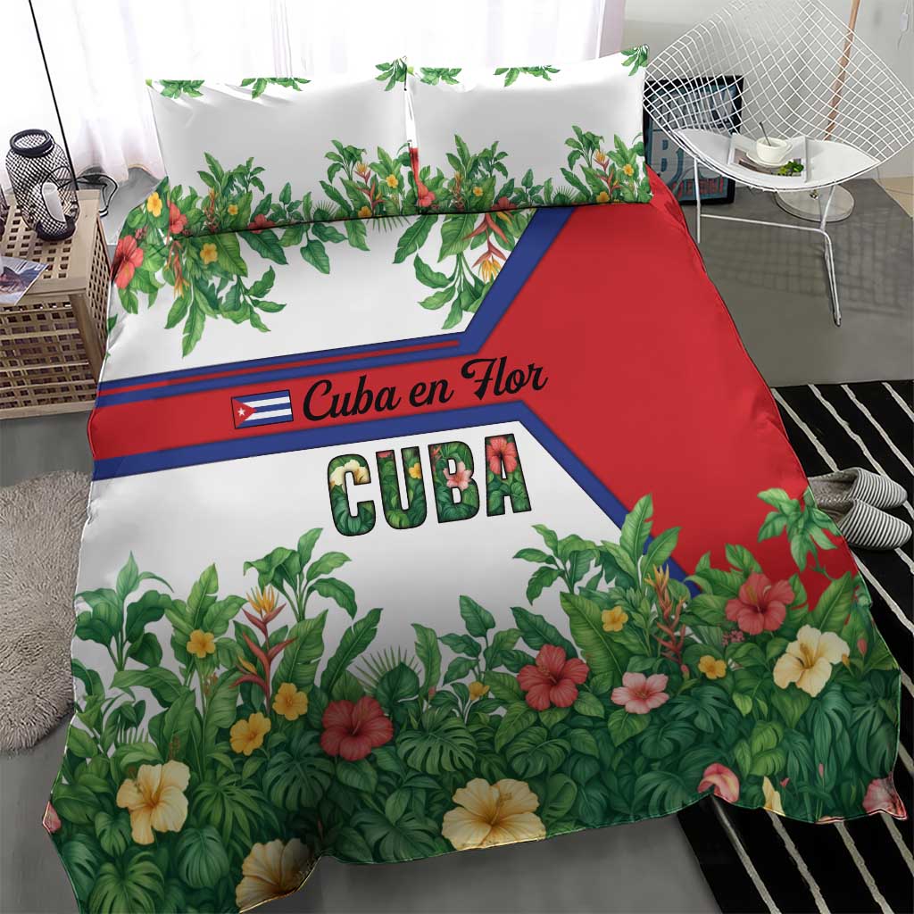 Cuba Floral Bedding Set Tropical Flower Design with Cuban Flag and Cuba en Flor Script - Wonder Print Shop