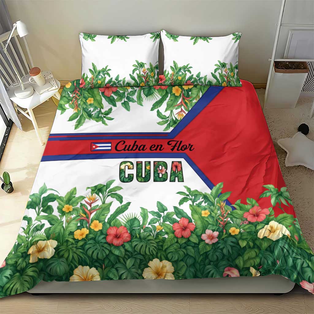 Cuba Floral Bedding Set Tropical Flower Design with Cuban Flag and Cuba en Flor Script - Wonder Print Shop