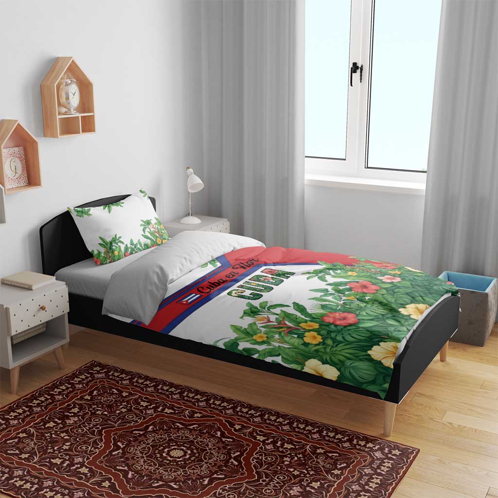 Cuba Floral Bedding Set Tropical Flower Design with Cuban Flag and Cuba en Flor Script - Wonder Print Shop