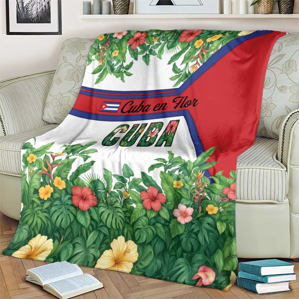 Cuba Floral Blanket Tropical Flower Design with Cuban Flag and Cuba en Flor Script - Wonder Print Shop