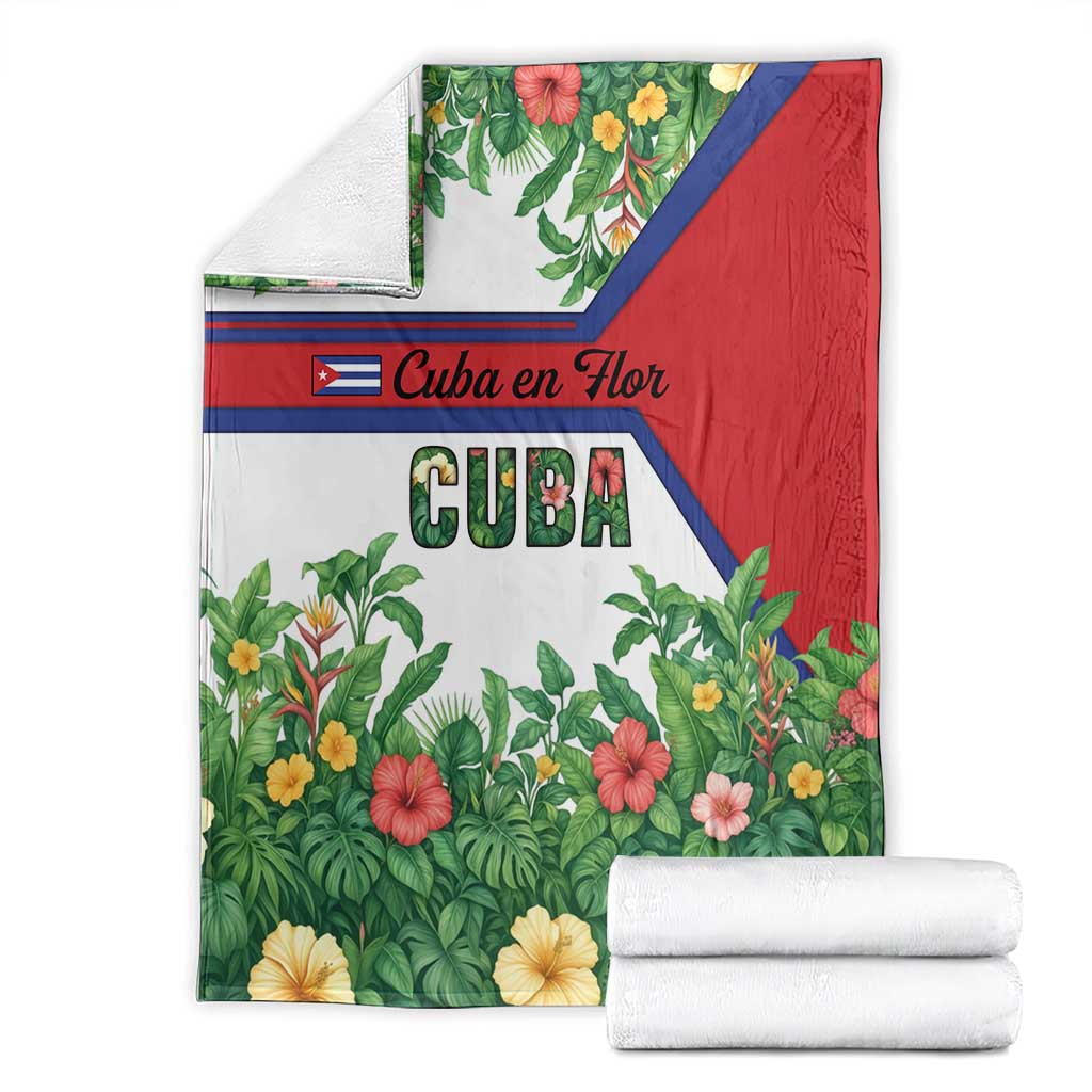 Cuba Floral Blanket Tropical Flower Design with Cuban Flag and Cuba en Flor Script - Wonder Print Shop