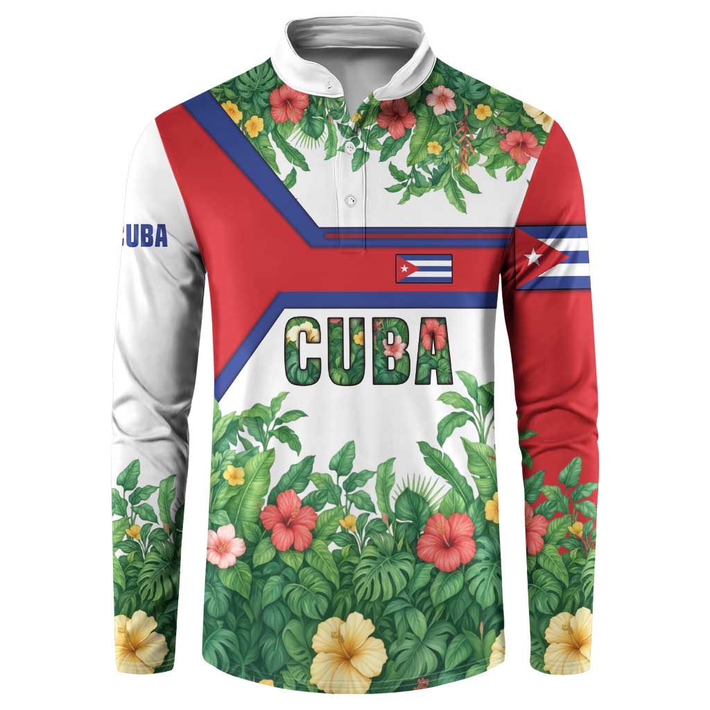Cuba Floral Button Sweatshirt Tropical Flower Design with Cuban Flag and Cuba en Flor Script - Wonder Print Shop