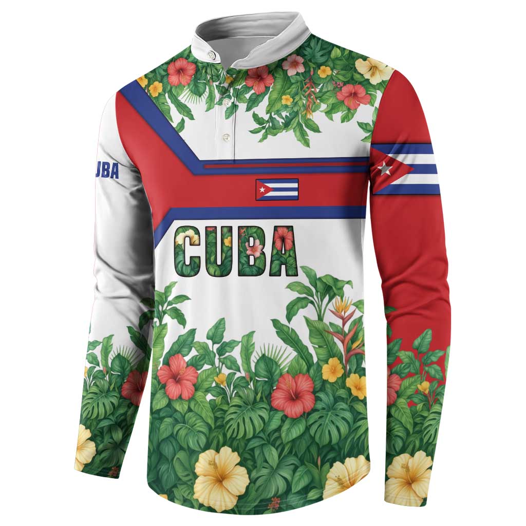 Cuba Floral Button Sweatshirt Tropical Flower Design with Cuban Flag and Cuba en Flor Script - Wonder Print Shop