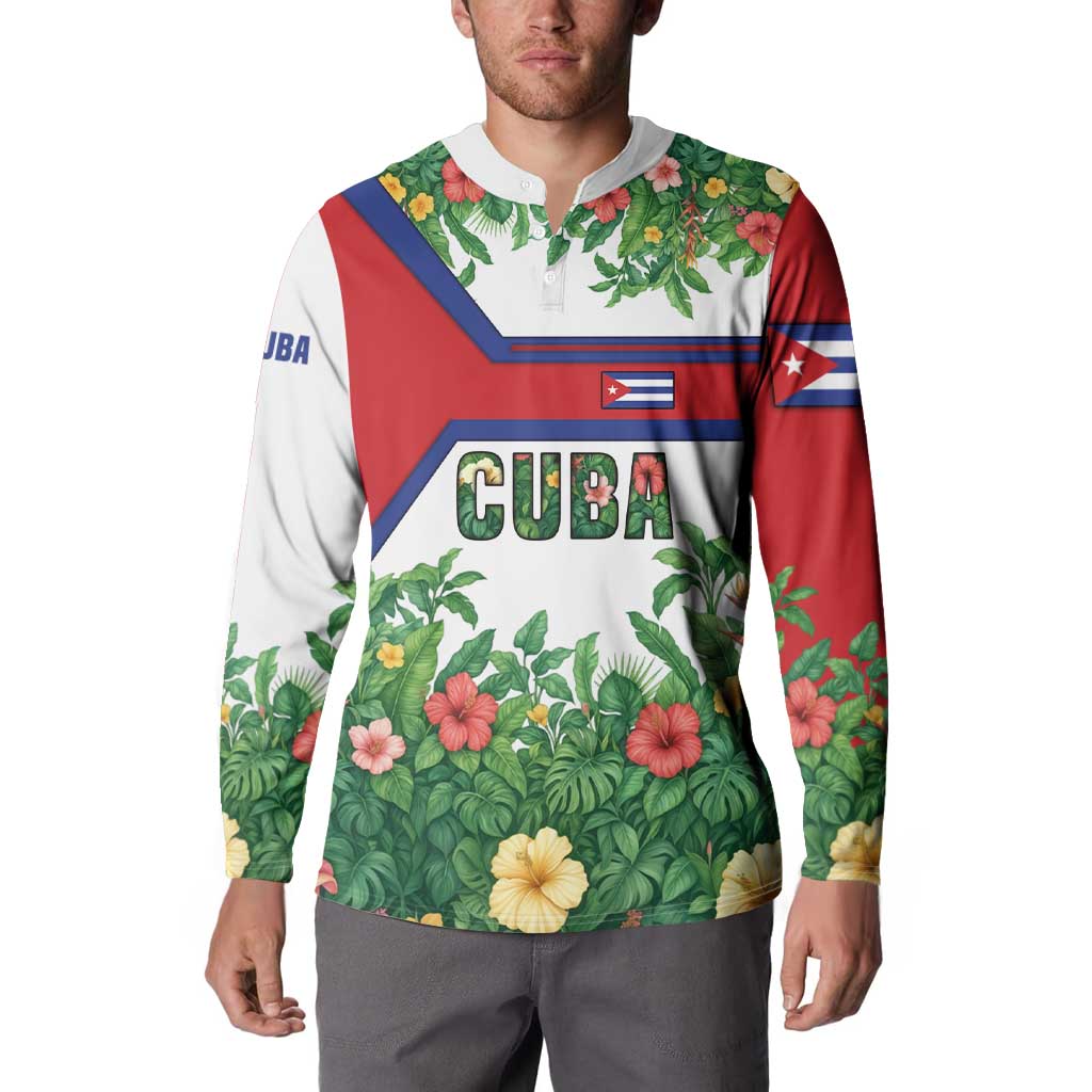Cuba Floral Button Sweatshirt Tropical Flower Design with Cuban Flag and Cuba en Flor Script - Wonder Print Shop