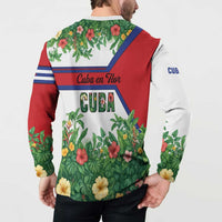 Cuba Floral Button Sweatshirt Tropical Flower Design with Cuban Flag and Cuba en Flor Script - Wonder Print Shop