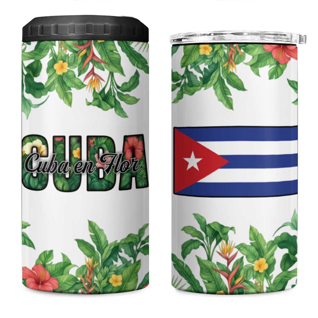 Cuba Floral 4 in 1 Can Cooler Tumbler Tropical Flower Design with Cuban Flag and Cuba en Flor Script - Wonder Print Shop