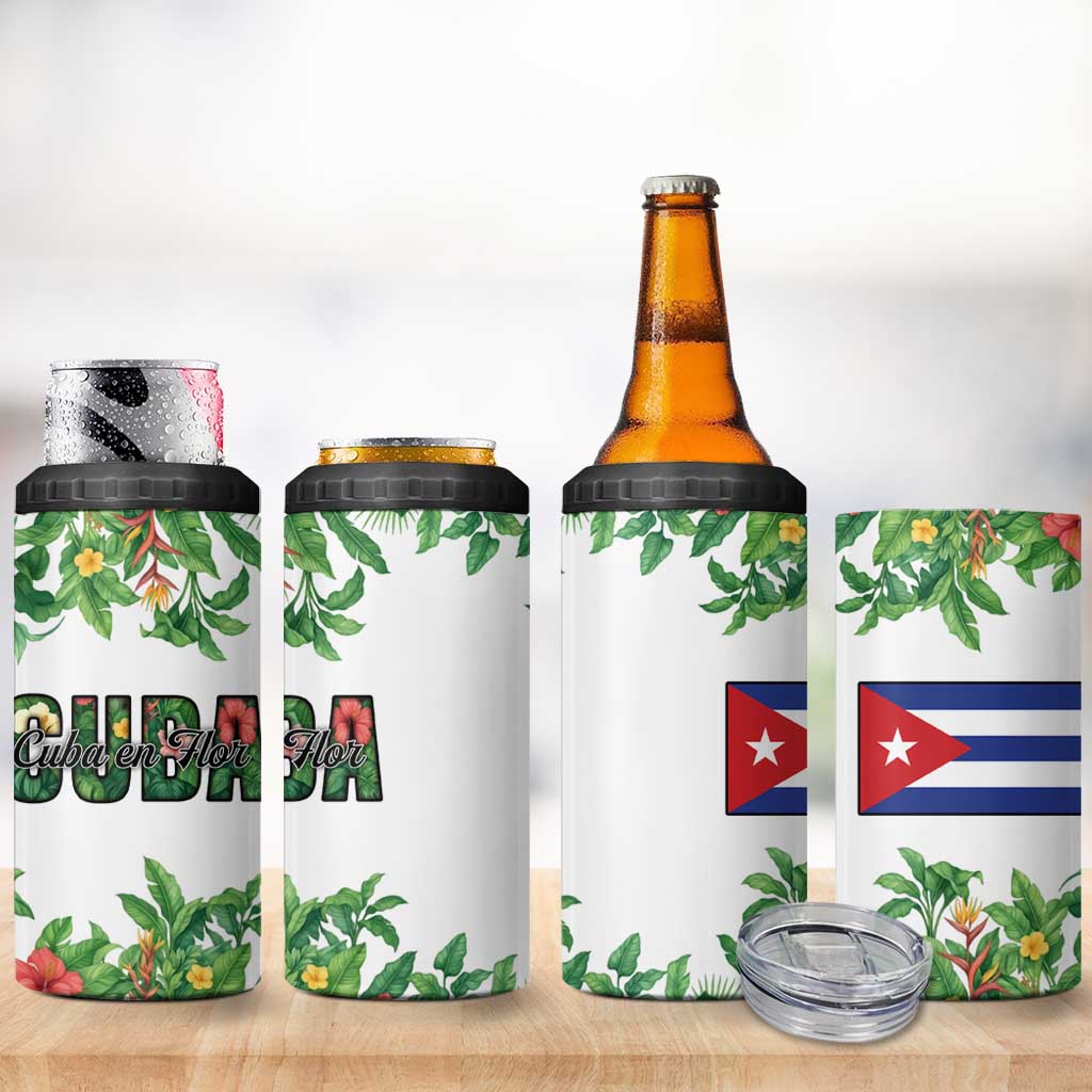 Cuba Floral 4 in 1 Can Cooler Tumbler Tropical Flower Design with Cuban Flag and Cuba en Flor Script - Wonder Print Shop