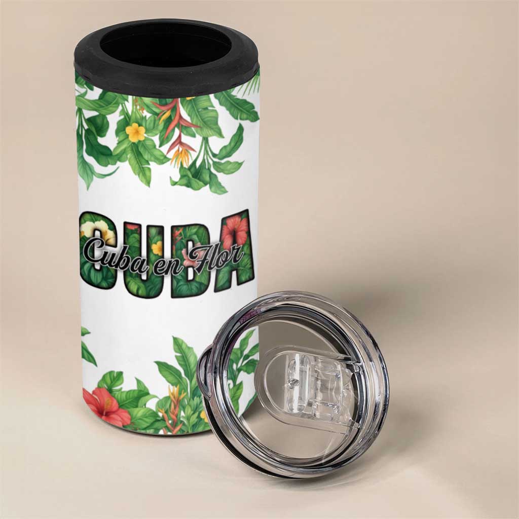 Cuba Floral 4 in 1 Can Cooler Tumbler Tropical Flower Design with Cuban Flag and Cuba en Flor Script - Wonder Print Shop