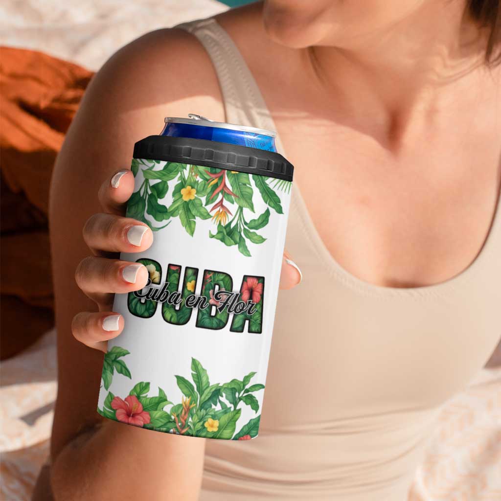 Cuba Floral 4 in 1 Can Cooler Tumbler Tropical Flower Design with Cuban Flag and Cuba en Flor Script - Wonder Print Shop