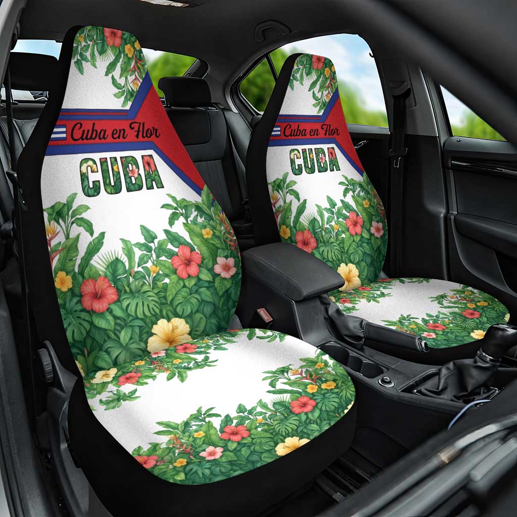 Cuba Floral Car Seat Cover Tropical Flower Design with Cuban Flag and Cuba en Flor Script - Wonder Print Shop