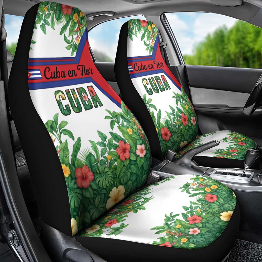 Cuba Floral Car Seat Cover Tropical Flower Design with Cuban Flag and Cuba en Flor Script - Wonder Print Shop