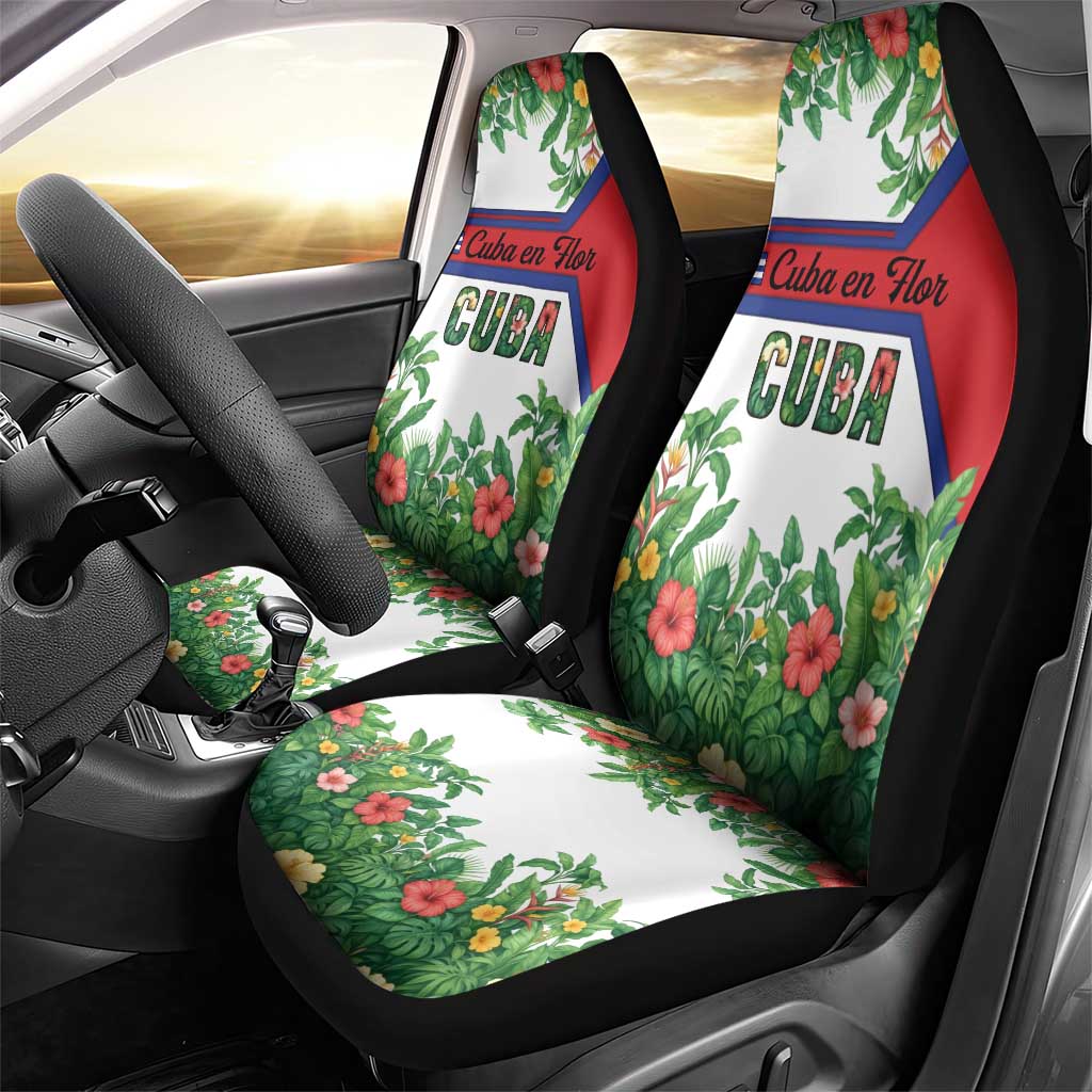 Cuba Floral Car Seat Cover Tropical Flower Design with Cuban Flag and Cuba en Flor Script - Wonder Print Shop