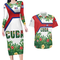 Cuba Floral Couples Matching Long Sleeve Bodycon Dress and Hawaiian Shirt Tropical Flower Design with Cuban Flag and Cuba en Flor Script - Wonder Print Shop