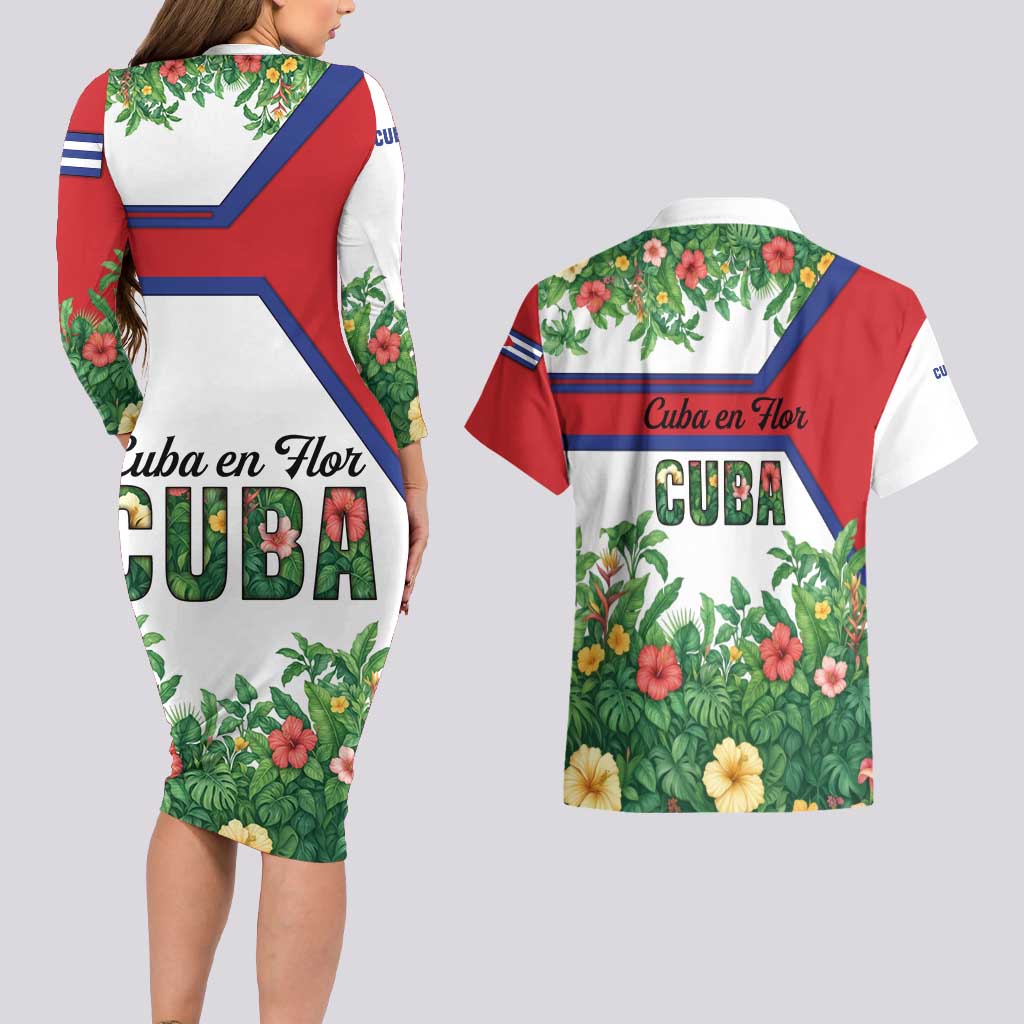 Cuba Floral Couples Matching Long Sleeve Bodycon Dress and Hawaiian Shirt Tropical Flower Design with Cuban Flag and Cuba en Flor Script - Wonder Print Shop