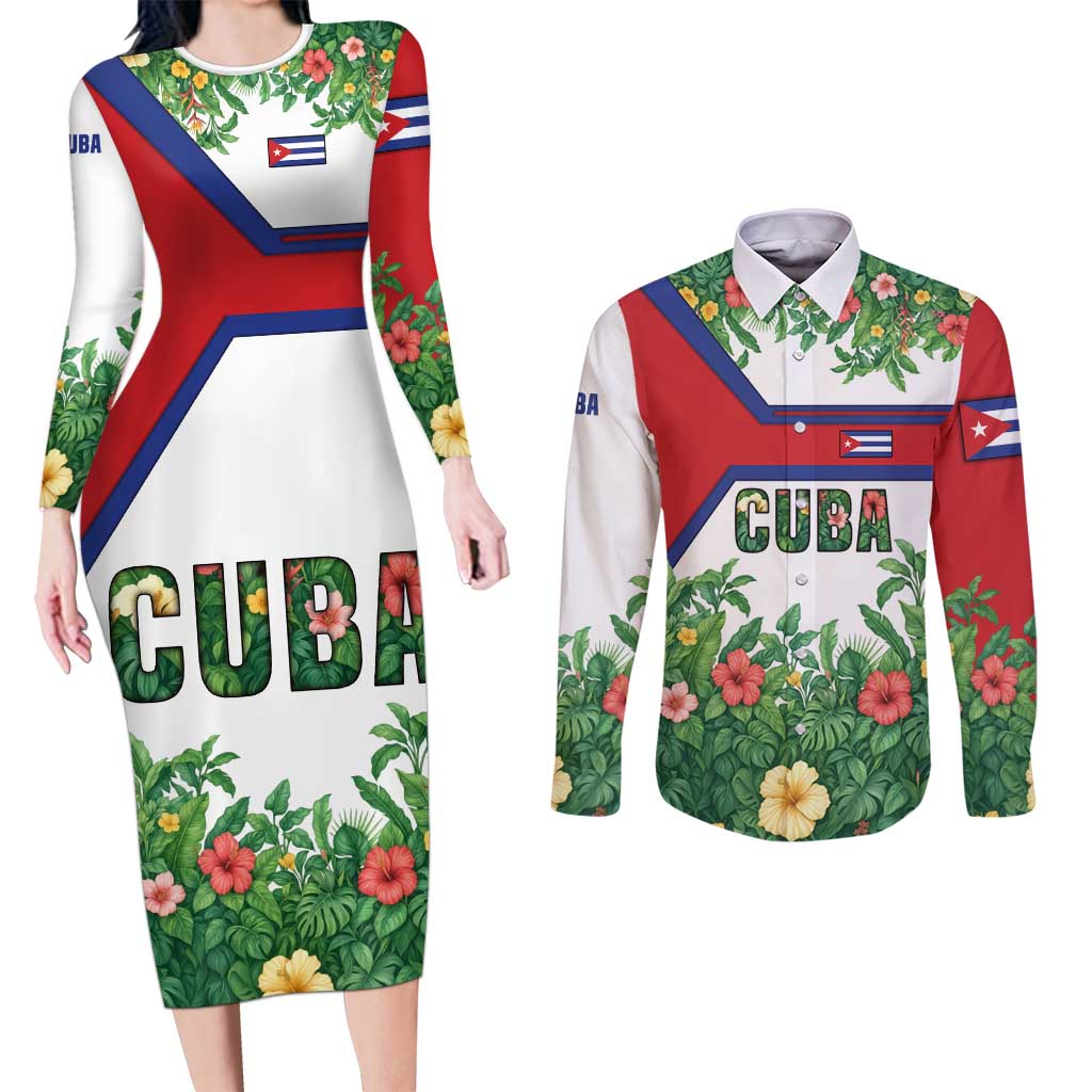 Cuba Floral Couples Matching Long Sleeve Bodycon Dress and Long Sleeve Button Shirt Tropical Flower Design with Cuban Flag and Cuba en Flor Script - Wonder Print Shop