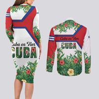 Cuba Floral Couples Matching Long Sleeve Bodycon Dress and Long Sleeve Button Shirt Tropical Flower Design with Cuban Flag and Cuba en Flor Script - Wonder Print Shop