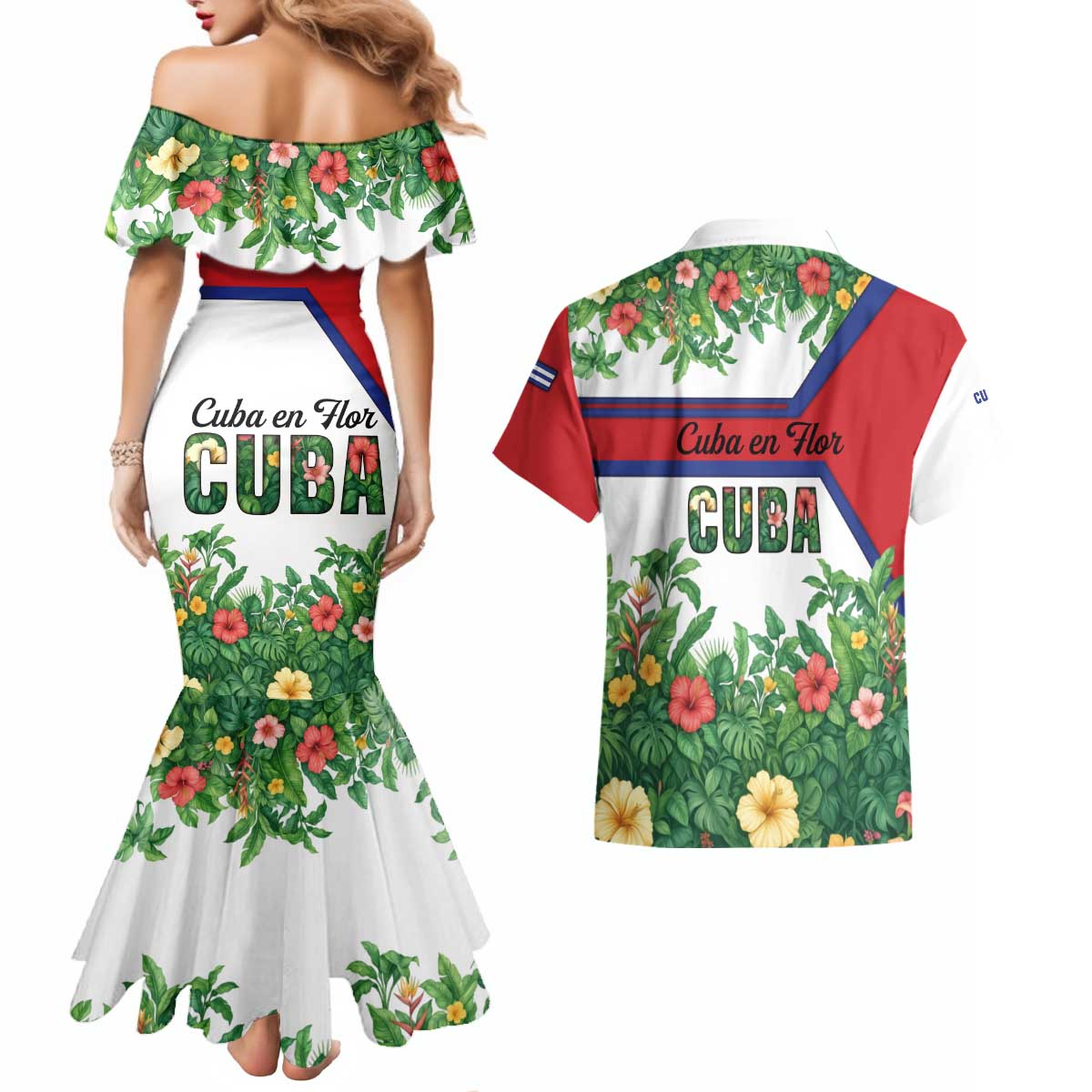 Cuba Floral Couples Matching Mermaid Dress and Hawaiian Shirt Tropical Flower Design with Cuban Flag and Cuba en Flor Script - Wonder Print Shop