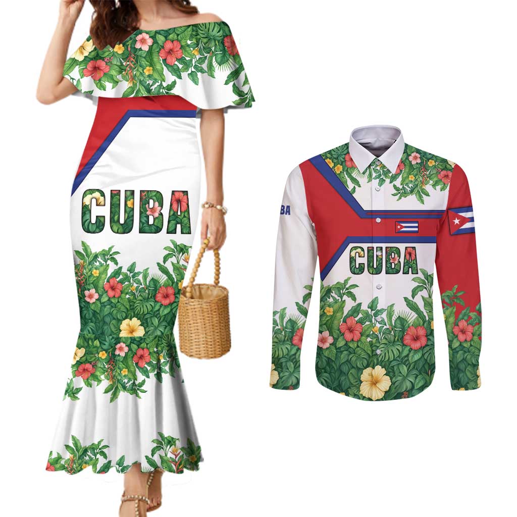 Cuba Floral Couples Matching Mermaid Dress and Long Sleeve Button Shirt Tropical Flower Design with Cuban Flag and Cuba en Flor Script - Wonder Print Shop