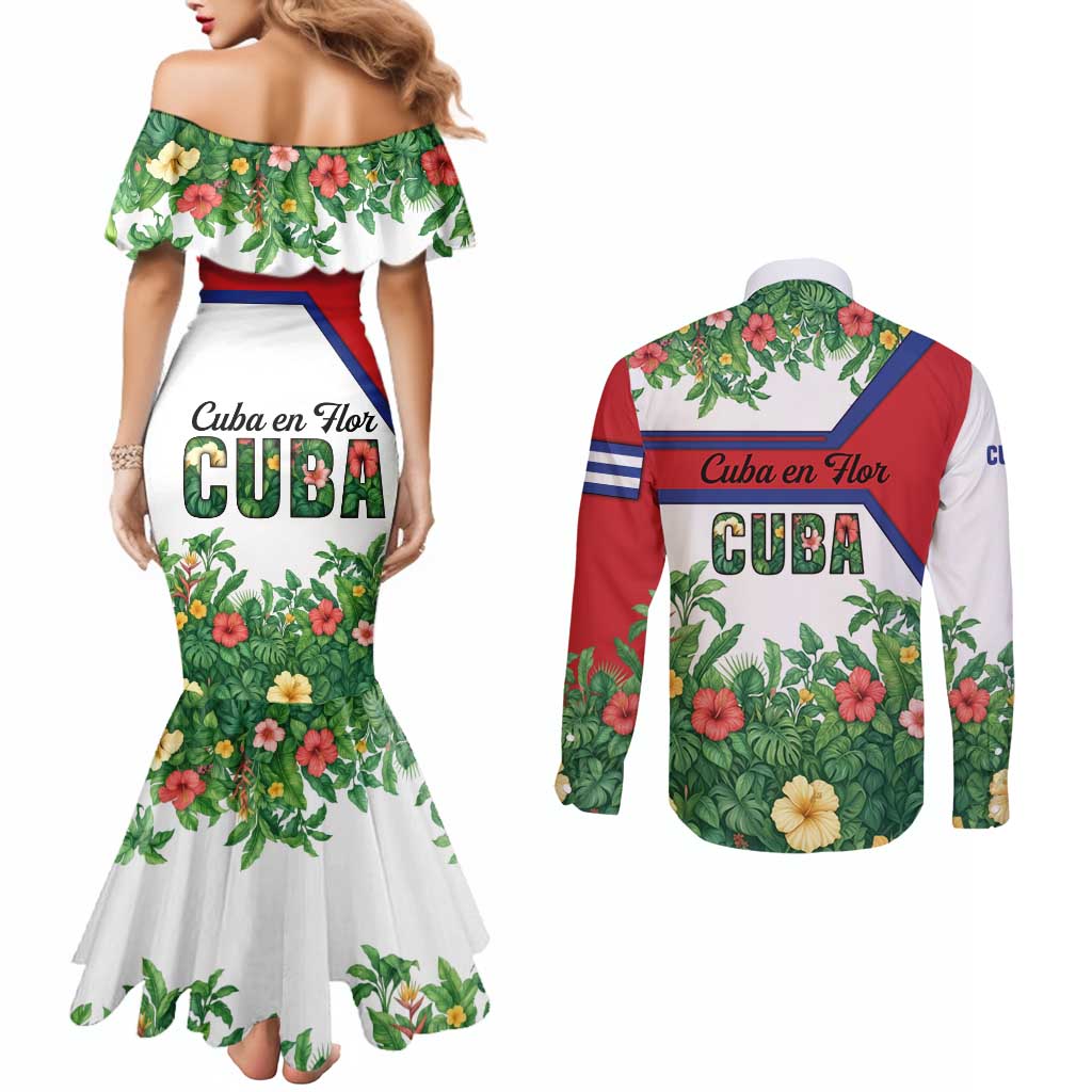 Cuba Floral Couples Matching Mermaid Dress and Long Sleeve Button Shirt Tropical Flower Design with Cuban Flag and Cuba en Flor Script - Wonder Print Shop