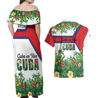 Cuba Floral Couples Matching Off Shoulder Maxi Dress and Hawaiian Shirt Tropical Flower Design with Cuban Flag and Cuba en Flor Script - Wonder Print Shop