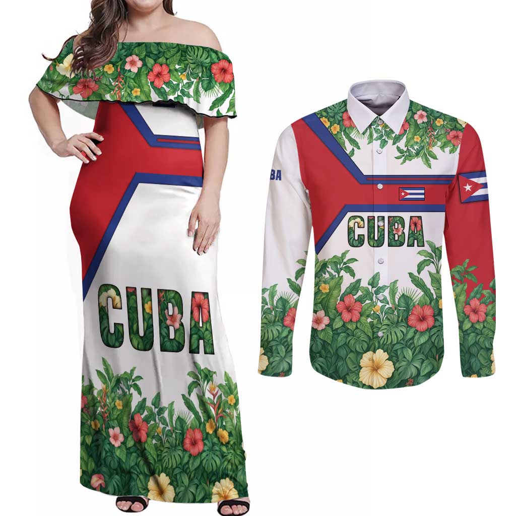 Cuba Floral Couples Matching Off Shoulder Maxi Dress and Long Sleeve Button Shirt Tropical Flower Design with Cuban Flag and Cuba en Flor Script - Wonder Print Shop