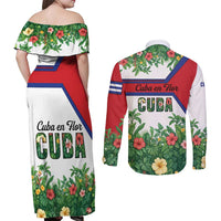 Cuba Floral Couples Matching Off Shoulder Maxi Dress and Long Sleeve Button Shirt Tropical Flower Design with Cuban Flag and Cuba en Flor Script - Wonder Print Shop