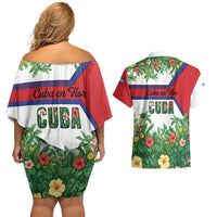 Cuba Floral Couples Matching Off Shoulder Short Dress and Hawaiian Shirt Tropical Flower Design with Cuban Flag and Cuba en Flor Script - Wonder Print Shop