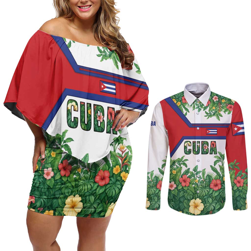 Cuba Floral Couples Matching Off Shoulder Short Dress and Long Sleeve Button Shirt Tropical Flower Design with Cuban Flag and Cuba en Flor Script - Wonder Print Shop