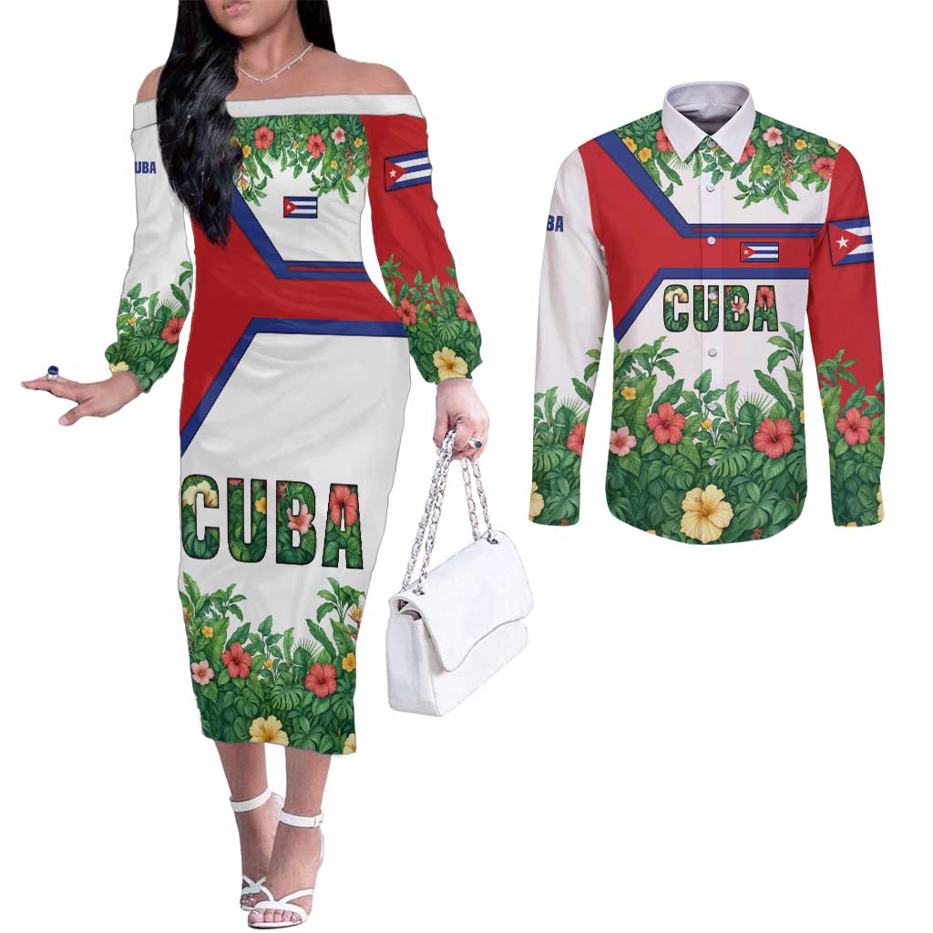Cuba Floral Couples Matching Off The Shoulder Long Sleeve Dress and Long Sleeve Button Shirt Tropical Flower Design with Cuban Flag and Cuba en Flor Script - Wonder Print Shop