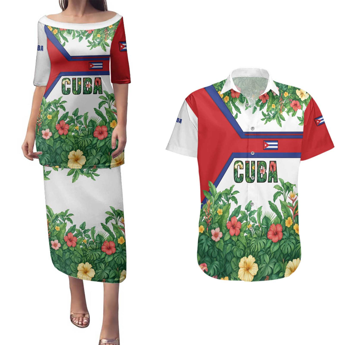 Cuba Floral Couples Matching Puletasi and Hawaiian Shirt Tropical Flower Design with Cuban Flag and Cuba en Flor Script - Wonder Print Shop