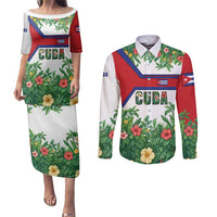 Cuba Floral Couples Matching Puletasi and Long Sleeve Button Shirt Tropical Flower Design with Cuban Flag and Cuba en Flor Script - Wonder Print Shop