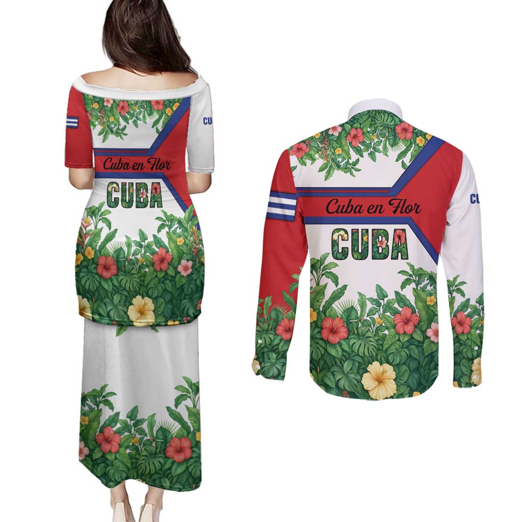 Cuba Floral Couples Matching Puletasi and Long Sleeve Button Shirt Tropical Flower Design with Cuban Flag and Cuba en Flor Script - Wonder Print Shop