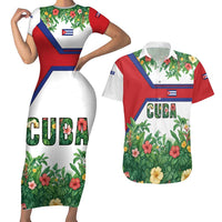 Cuba Floral Couples Matching Short Sleeve Bodycon Dress and Hawaiian Shirt Tropical Flower Design with Cuban Flag and Cuba en Flor Script - Wonder Print Shop
