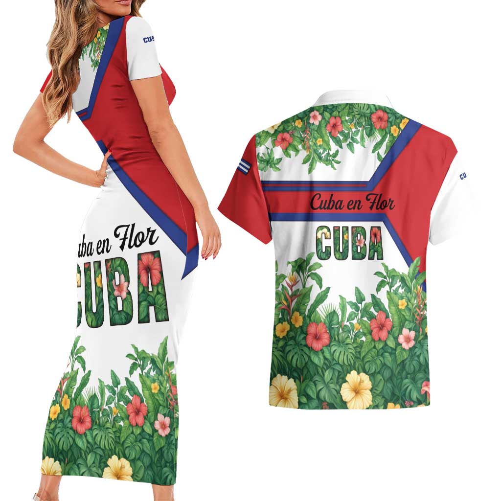 Cuba Floral Couples Matching Short Sleeve Bodycon Dress and Hawaiian Shirt Tropical Flower Design with Cuban Flag and Cuba en Flor Script - Wonder Print Shop
