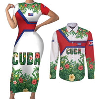 Cuba Floral Couples Matching Short Sleeve Bodycon Dress and Long Sleeve Button Shirt Tropical Flower Design with Cuban Flag and Cuba en Flor Script - Wonder Print Shop