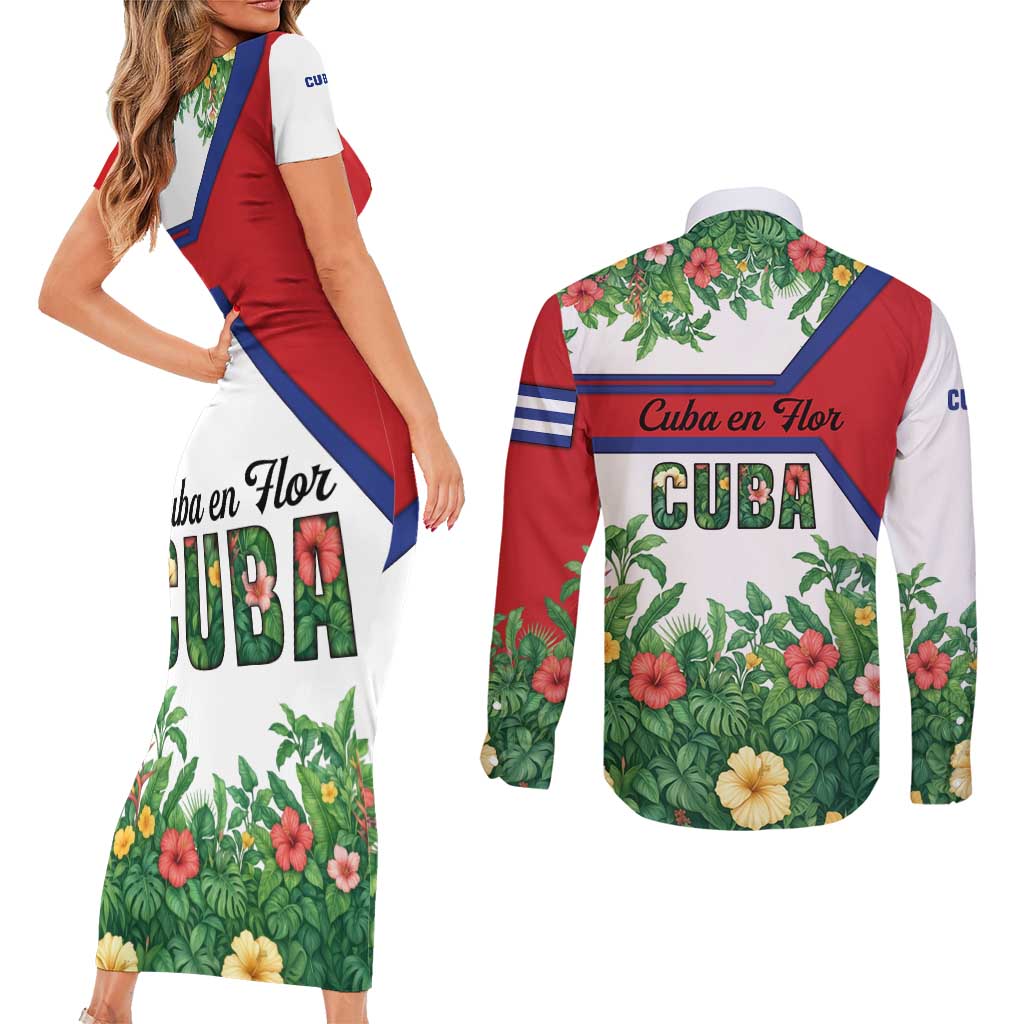 Cuba Floral Couples Matching Short Sleeve Bodycon Dress and Long Sleeve Button Shirt Tropical Flower Design with Cuban Flag and Cuba en Flor Script - Wonder Print Shop
