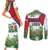 Cuba Floral Couples Matching Short Sleeve Bodycon Dress and Long Sleeve Button Shirt Tropical Flower Design with Cuban Flag and Cuba en Flor Script - Wonder Print Shop