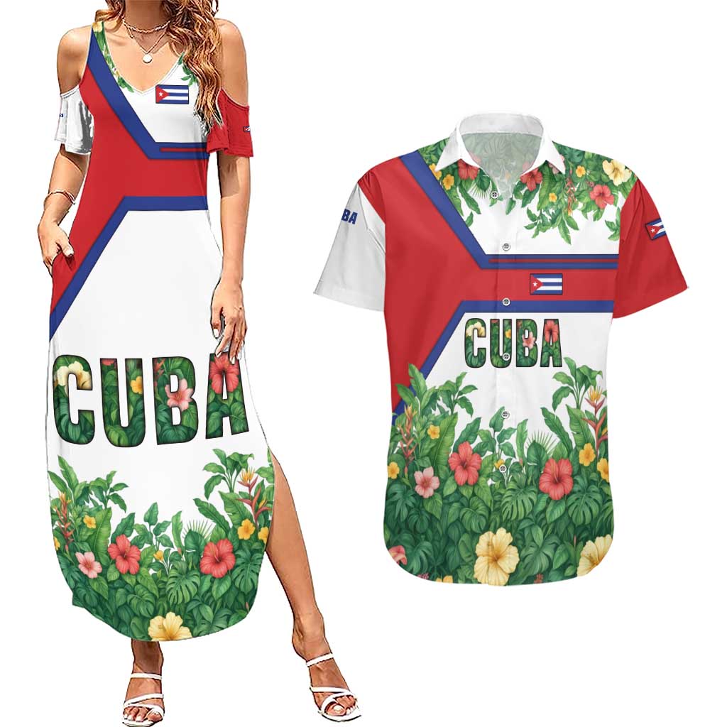 Cuba Floral Couples Matching Summer Maxi Dress and Hawaiian Shirt Tropical Flower Design with Cuban Flag and Cuba en Flor Script - Wonder Print Shop