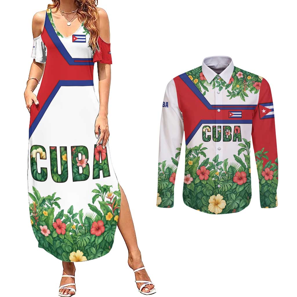 Cuba Floral Couples Matching Summer Maxi Dress and Long Sleeve Button Shirt Tropical Flower Design with Cuban Flag and Cuba en Flor Script - Wonder Print Shop