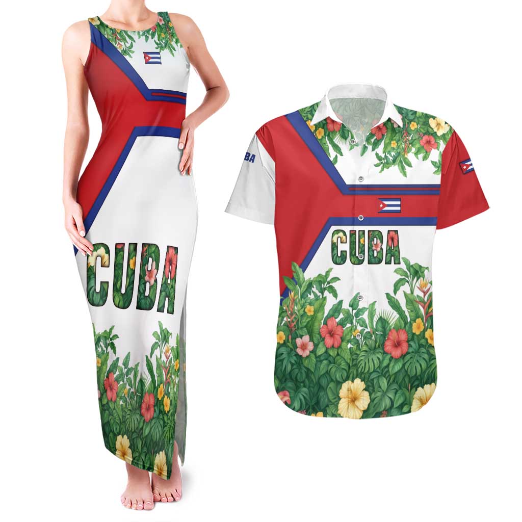 Cuba Floral Couples Matching Tank Maxi Dress and Hawaiian Shirt Tropical Flower Design with Cuban Flag and Cuba en Flor Script - Wonder Print Shop