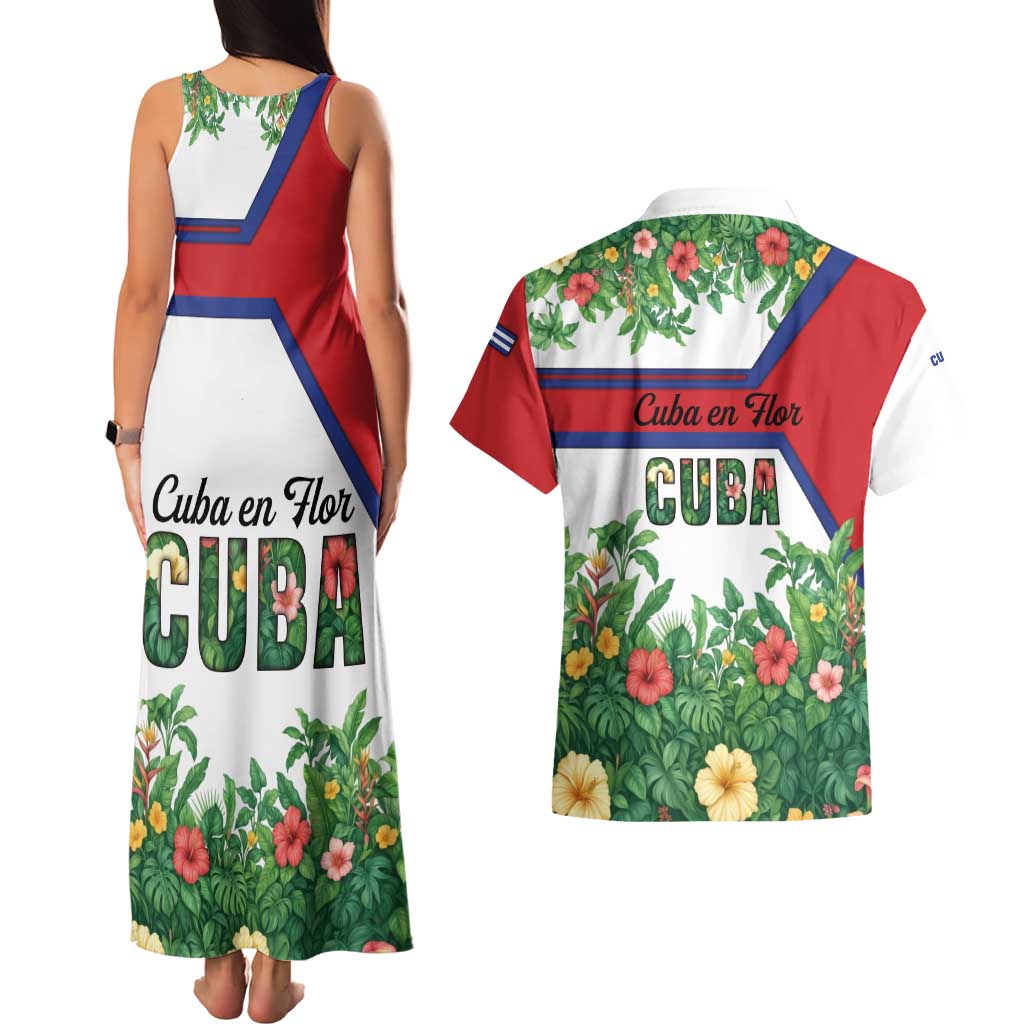 Cuba Floral Couples Matching Tank Maxi Dress and Hawaiian Shirt Tropical Flower Design with Cuban Flag and Cuba en Flor Script - Wonder Print Shop