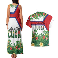 Cuba Floral Couples Matching Tank Maxi Dress and Hawaiian Shirt Tropical Flower Design with Cuban Flag and Cuba en Flor Script - Wonder Print Shop