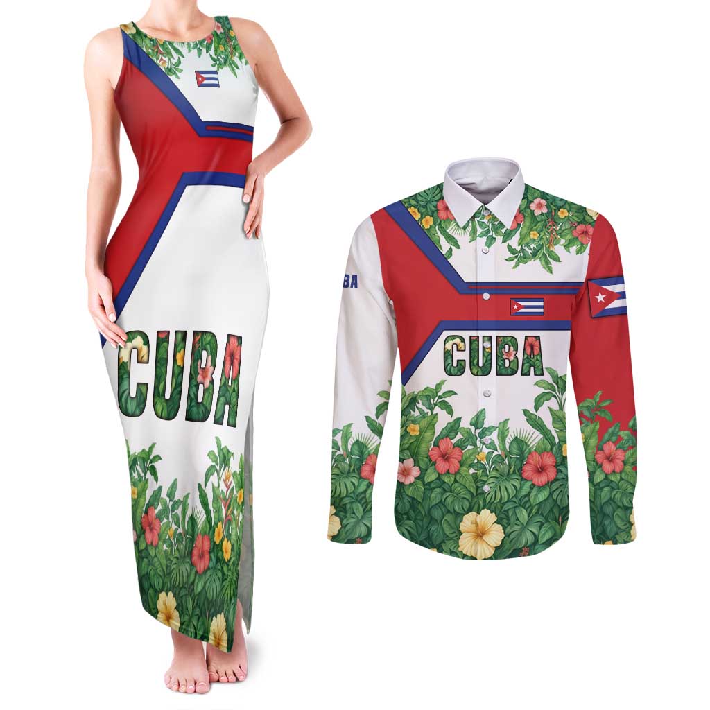 Cuba Floral Couples Matching Tank Maxi Dress and Long Sleeve Button Shirt Tropical Flower Design with Cuban Flag and Cuba en Flor Script - Wonder Print Shop