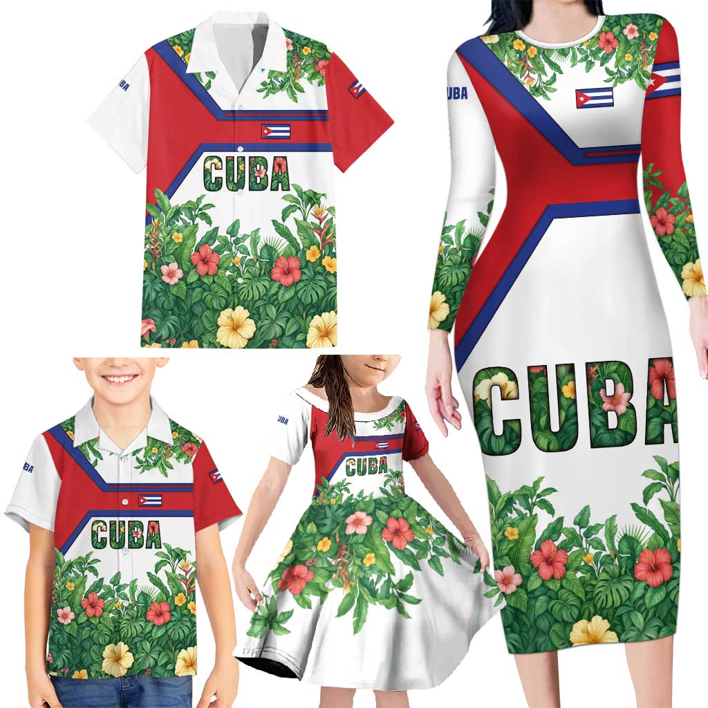 Cuba Floral Family Matching Long Sleeve Bodycon Dress and Hawaiian Shirt Tropical Flower Design with Cuban Flag and Cuba en Flor Script - Wonder Print Shop