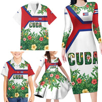 Cuba Floral Family Matching Long Sleeve Bodycon Dress and Hawaiian Shirt Tropical Flower Design with Cuban Flag and Cuba en Flor Script - Wonder Print Shop