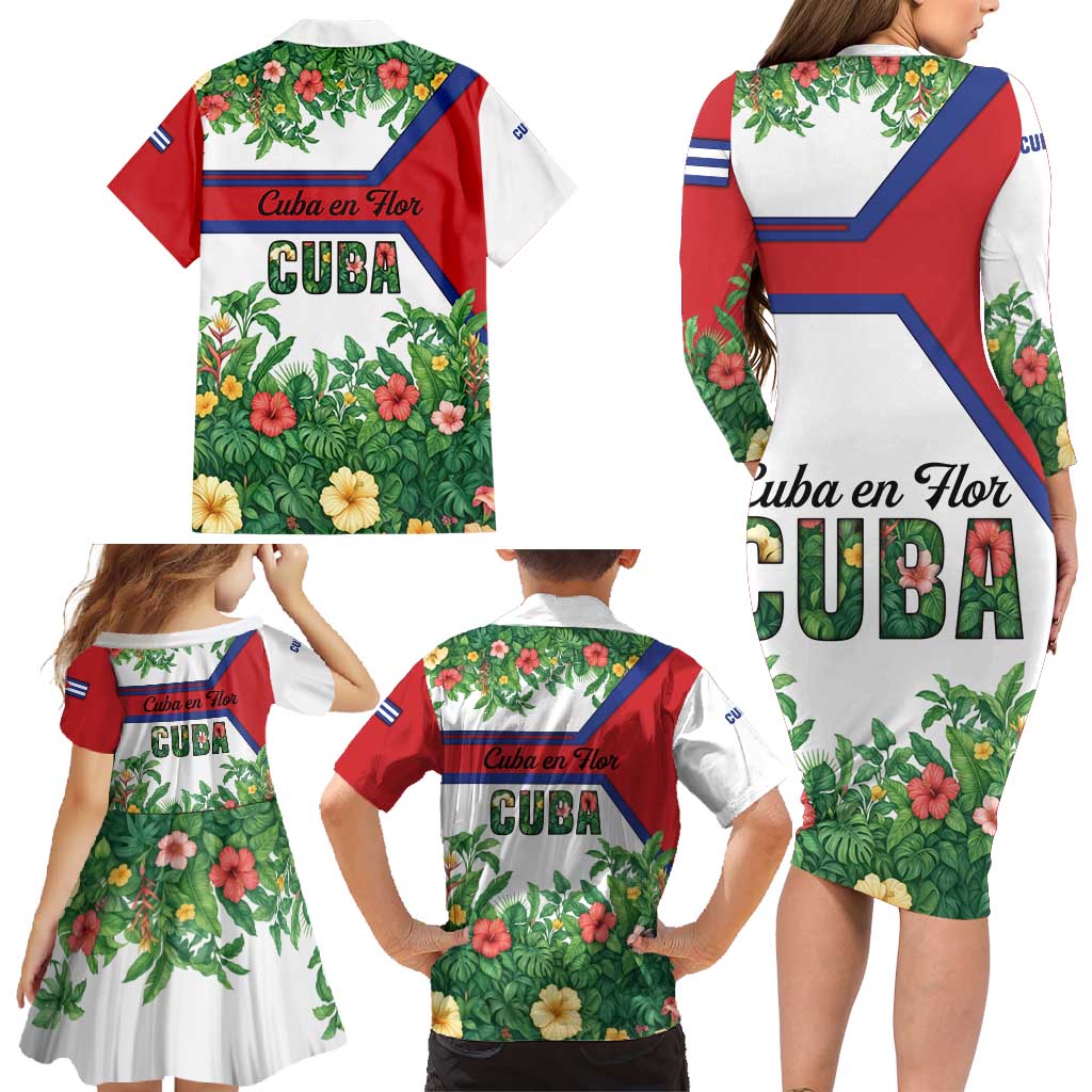 Cuba Floral Family Matching Long Sleeve Bodycon Dress and Hawaiian Shirt Tropical Flower Design with Cuban Flag and Cuba en Flor Script - Wonder Print Shop