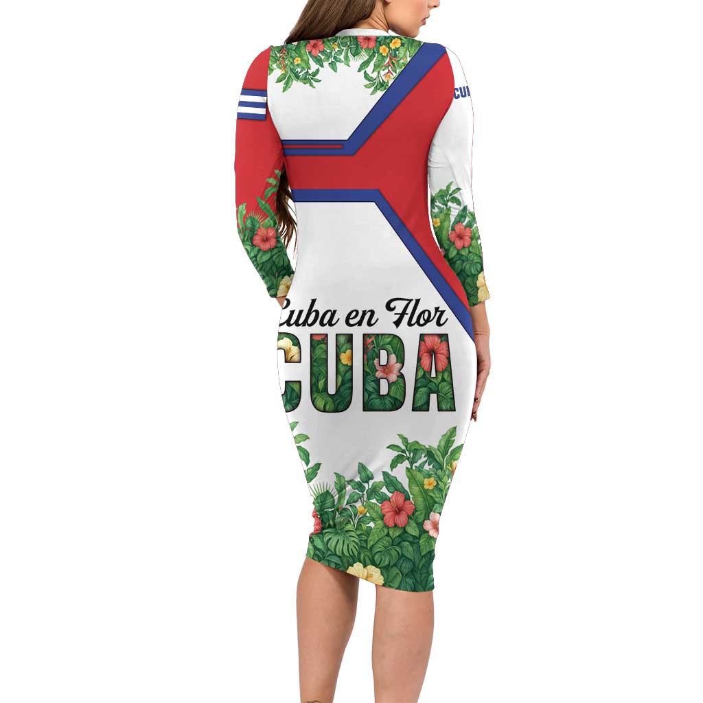 Cuba Floral Family Matching Long Sleeve Bodycon Dress and Hawaiian Shirt Tropical Flower Design with Cuban Flag and Cuba en Flor Script - Wonder Print Shop