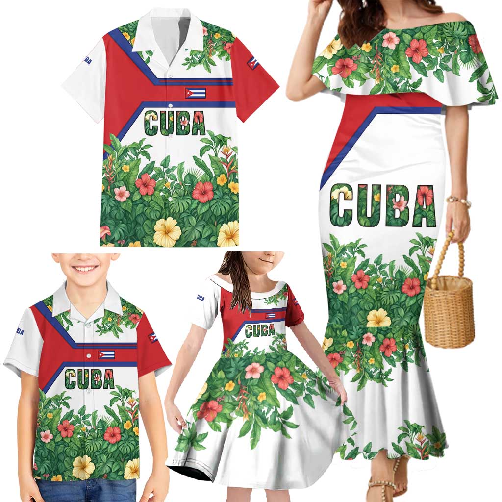 Cuba Floral Family Matching Mermaid Dress and Hawaiian Shirt Tropical Flower Design with Cuban Flag and Cuba en Flor Script - Wonder Print Shop