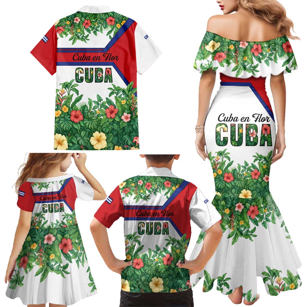 Cuba Floral Family Matching Mermaid Dress and Hawaiian Shirt Tropical Flower Design with Cuban Flag and Cuba en Flor Script - Wonder Print Shop