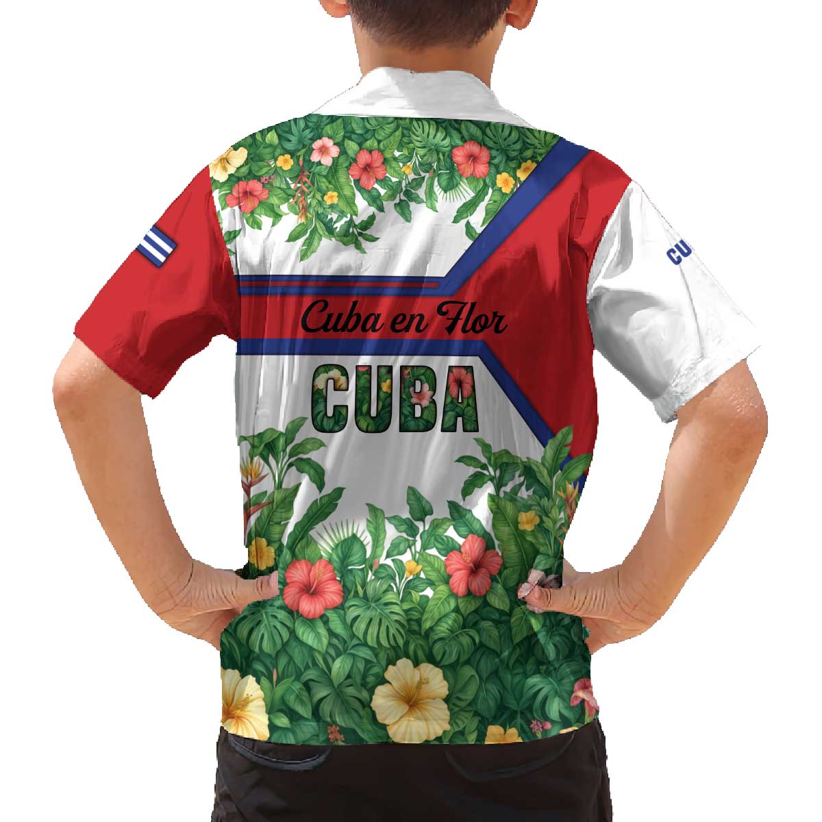 Cuba Floral Family Matching Off The Shoulder Long Sleeve Dress and Hawaiian Shirt Tropical Flower Design with Cuban Flag and Cuba en Flor Script - Wonder Print Shop